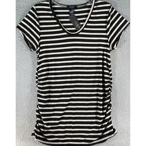 Love Ryan LA Juniors T-Shirt SZ L Black Striped Short Sleeve Fitted Side Rouched